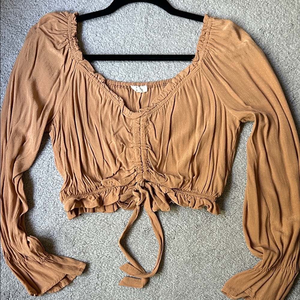 Tan Ruffled Blouse with Tie Detail